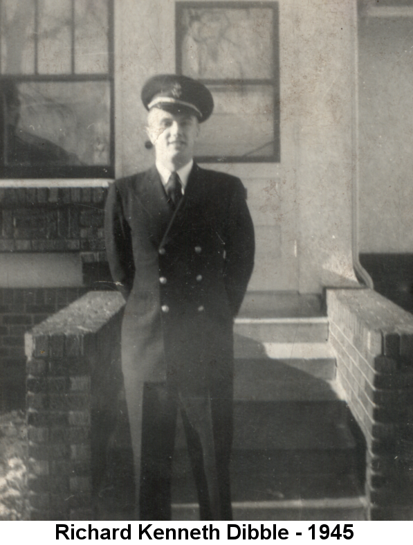 Black and white photo of Richard Kenneth Dibble in a double-breasted Navy dress uniform and cap, standing in front of the steps of his parents' home on 40th. Avenue South in Minneapolis.